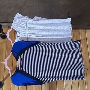 Lot Of 2 Sleeveless Tops: Blue and Black Striped Top and White Eyelet Blouse
